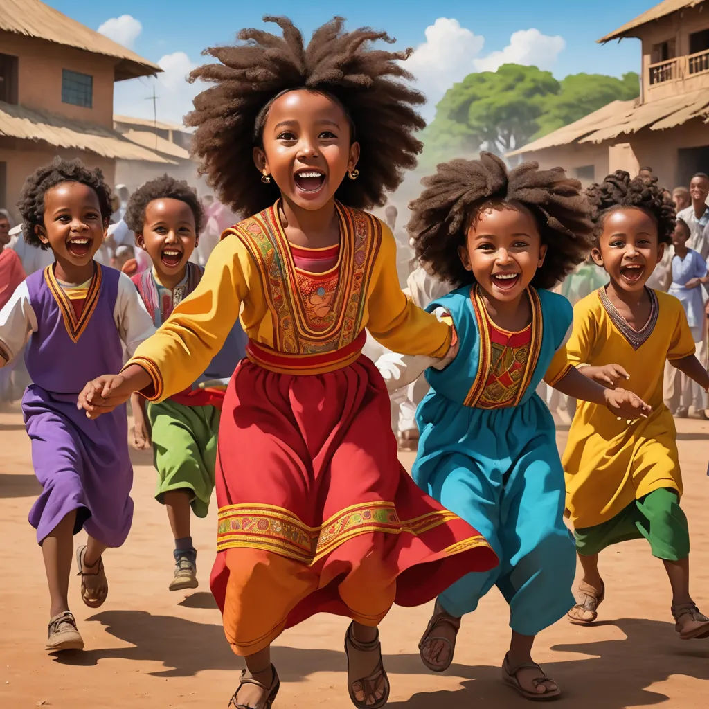 a group of children running in a line with their arms around each other and smiling at the camera,, afrofuturism, a photorealistic painting, Afewerk Tekle, highly detailed digital painting