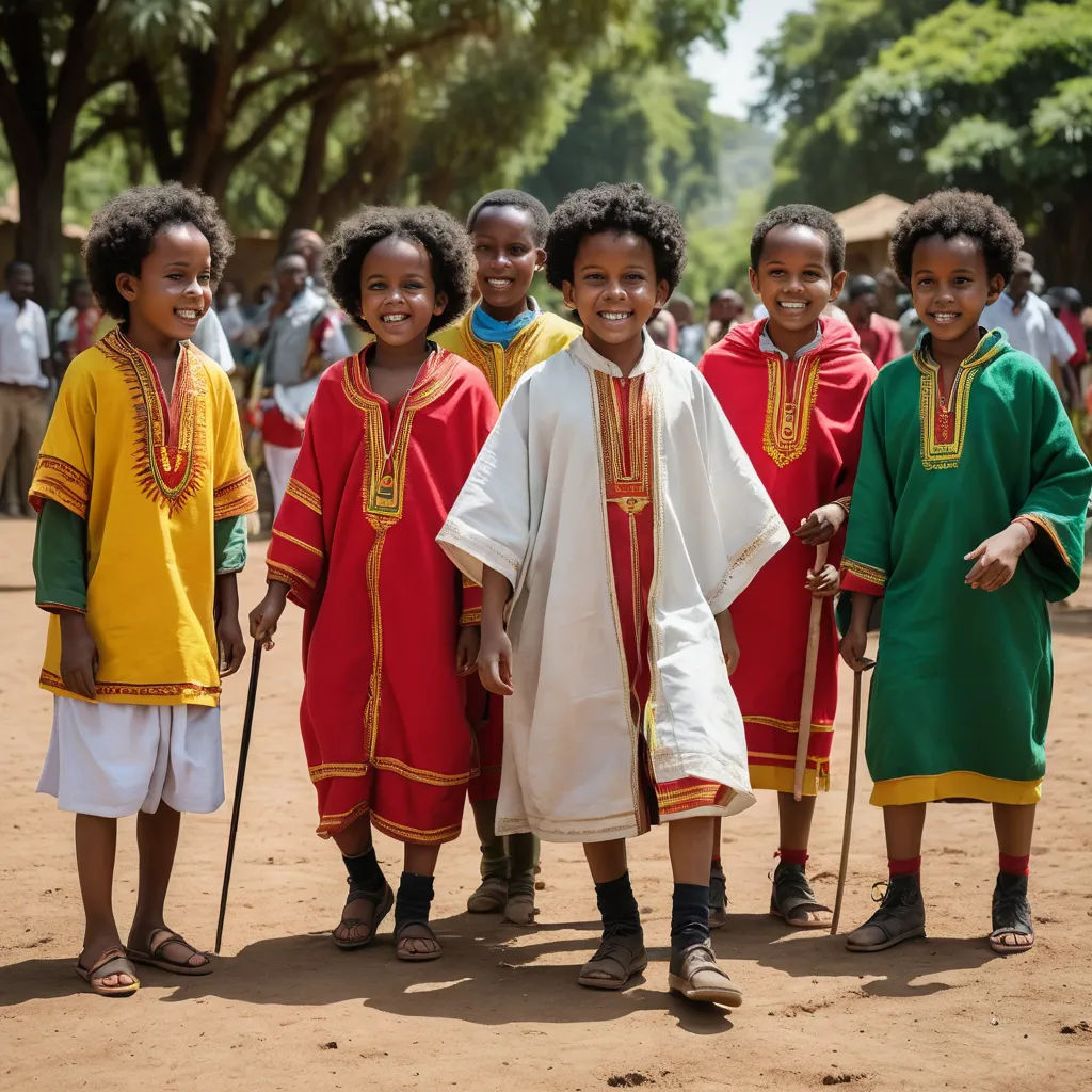 a group of children in colorful robes and holding canes standing in a dirt field with trees in the background, afrofuturism, a poster, Afewerk Tekle, movie still