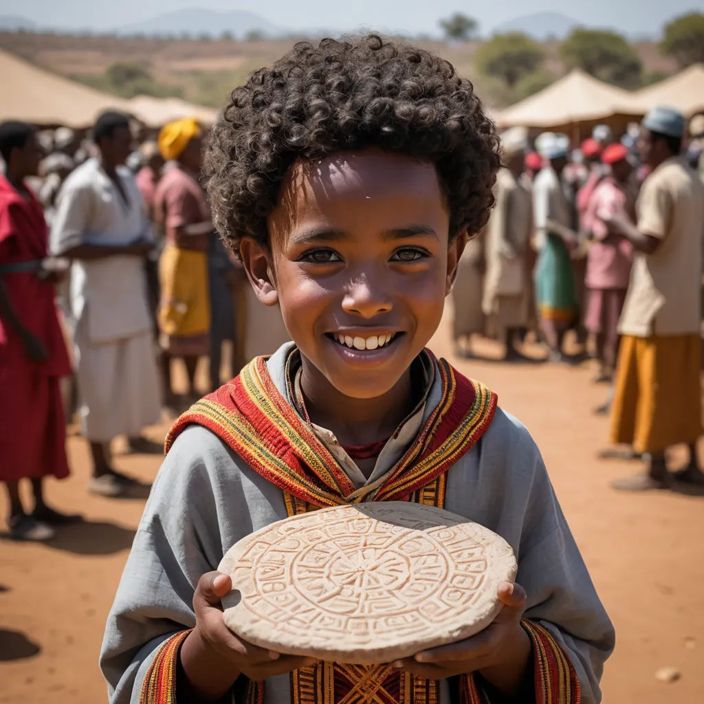 a young boy holding a plate in front of a crowd of people in a desert area with tents in the background, art & language, a mosaic, Afewerk Tekle, award-winning photograph
