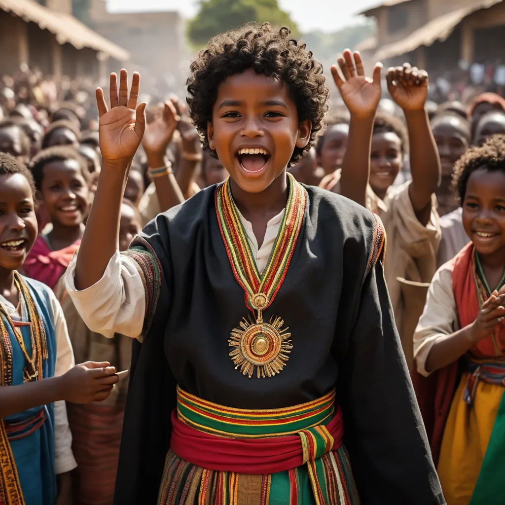 a young girl in a colorful dress is smiling and waving her hands in the air with other children in the background, afrofuturism, a detailed matte painting, Afewerk Tekle, award-winning photograph