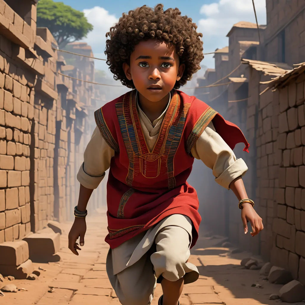 a young boy in a red shirt and white pants running down a street with a brick wall and a blue sky in the background, afrofuturism, concept art, Altoon Sultan, cinematic still