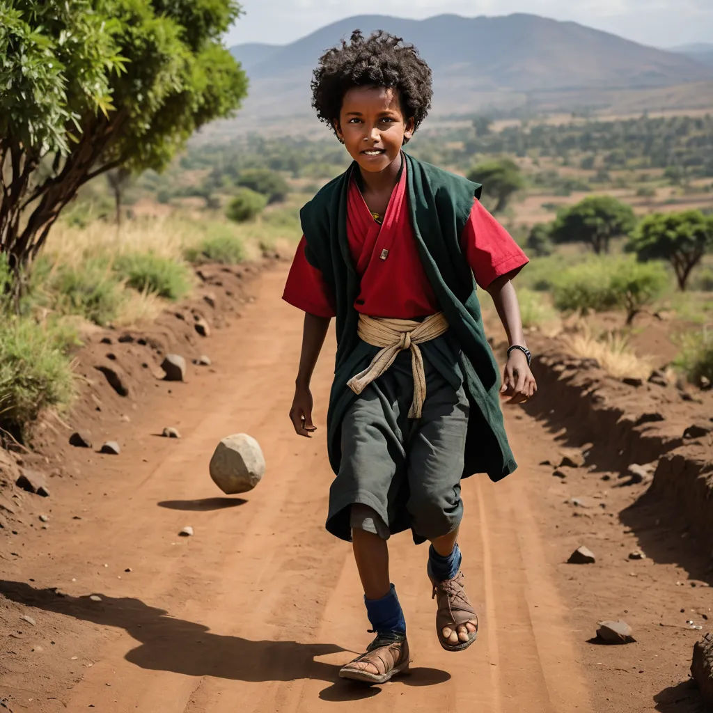 a young boy is running down a dirt road with a soccer ball in his hand and a green vest on, art photography, a stock photo, Afewerk Tekle, award-winning photograph