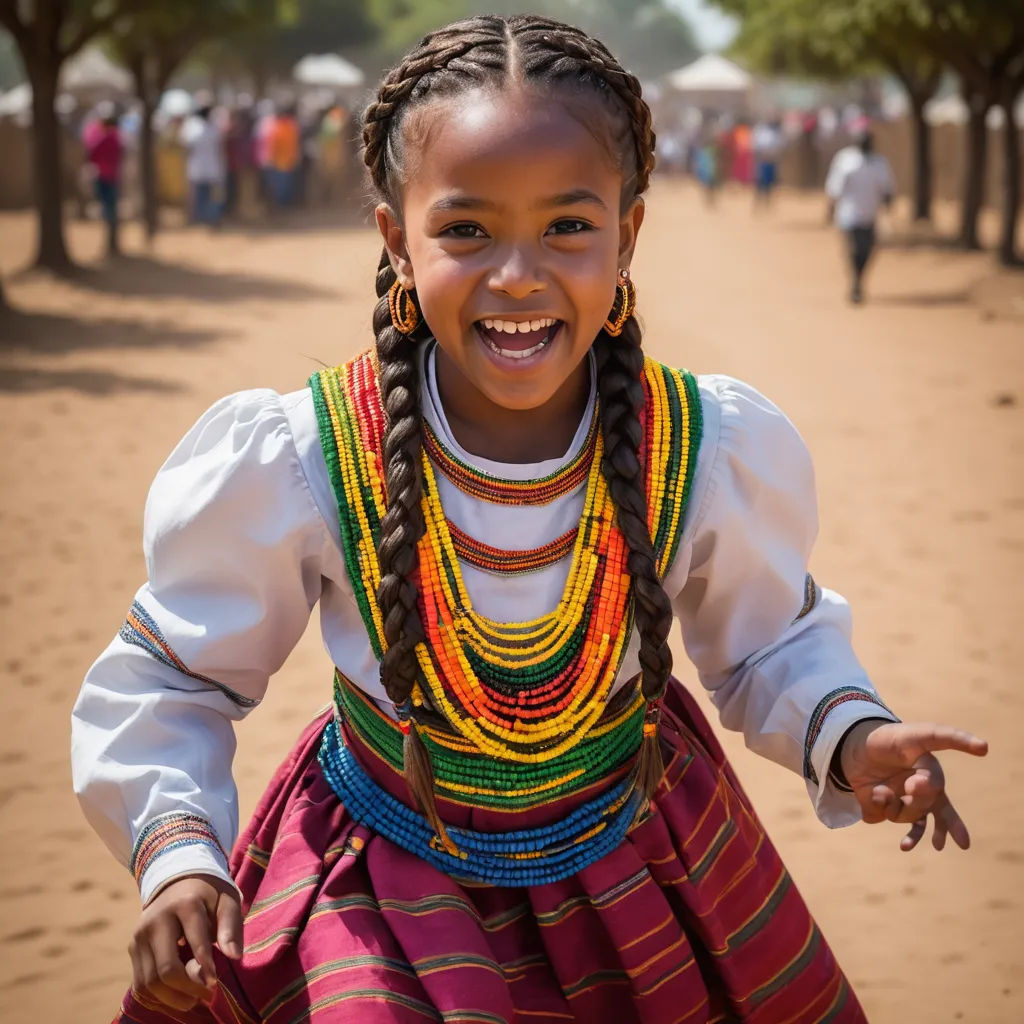 a young girl in a colorful dress smiles and points at the camera while wearing a necklace and bracelet with beads, naive art, a stock photo, Afewerk Tekle, award-winning photograph
