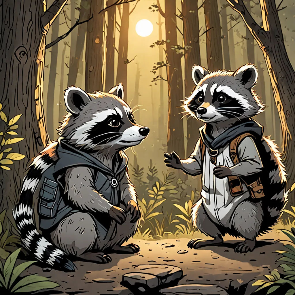two raccoons are standing in the woods talking to each other and one is wearing a backpack and the other is wearing a backpack, furry art, a comic book panel, Dan Mumford, official art