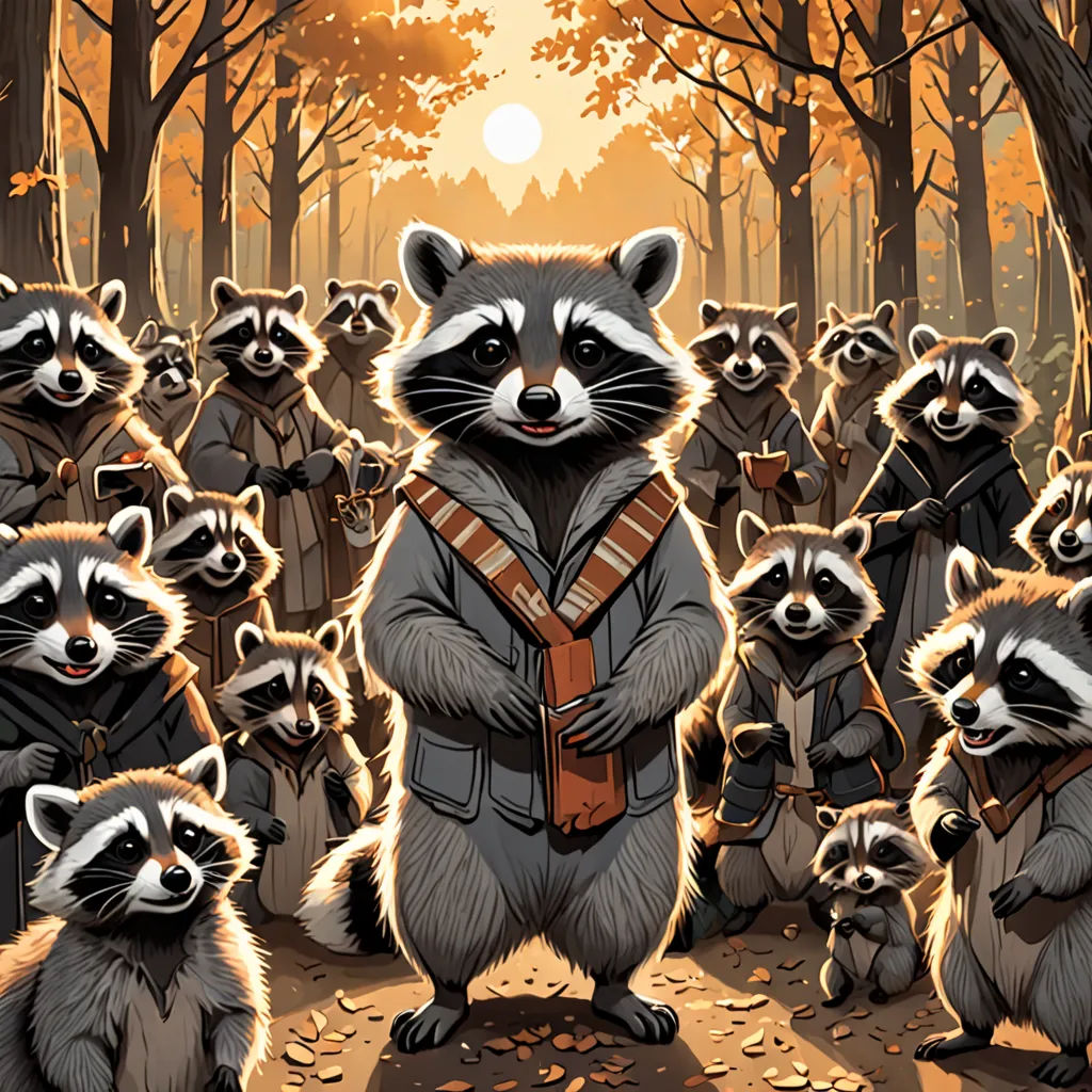 a painting of a bunch of raccoons in a forest with a man in a suit and a backpack, furry art, a storybook illustration, Dan Mumford, official art