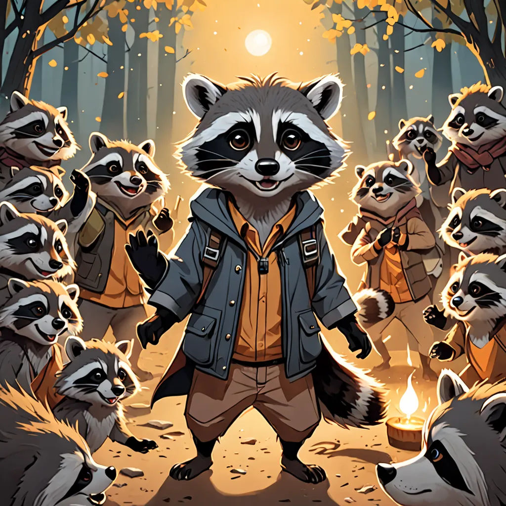 a man standing in front of a group of raccoons in the woods with a light shining on them, furry art, a character portrait, Dan Mumford, official art