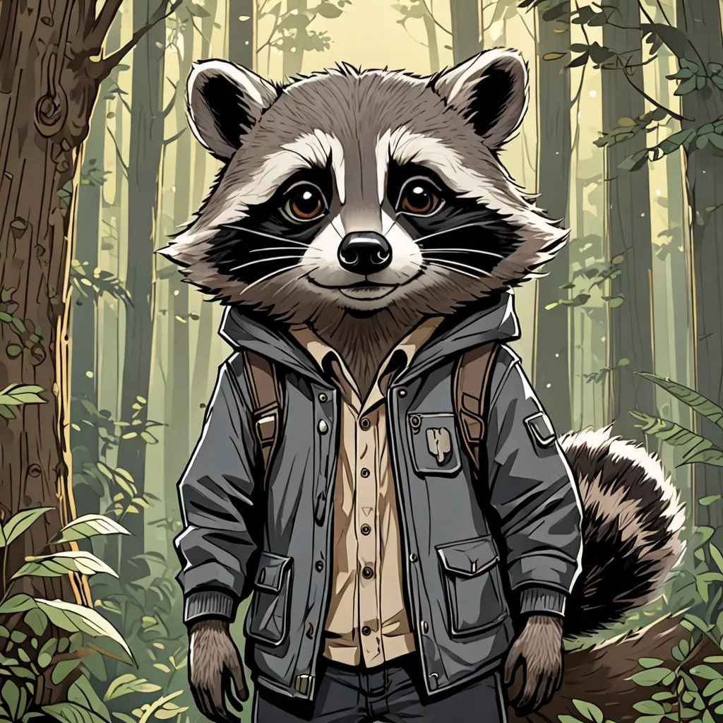 a raccoon wearing a jacket and jeans standing in a forest with trees and leaves on the ground, furry art, a character portrait, Dan Mumford, official art