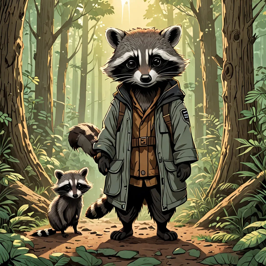 a raccoon in a forest with a man in a coat and a raccoon in the foreground, furry art, a comic book panel, Dan Mumford, josan gonzales and dan mumford