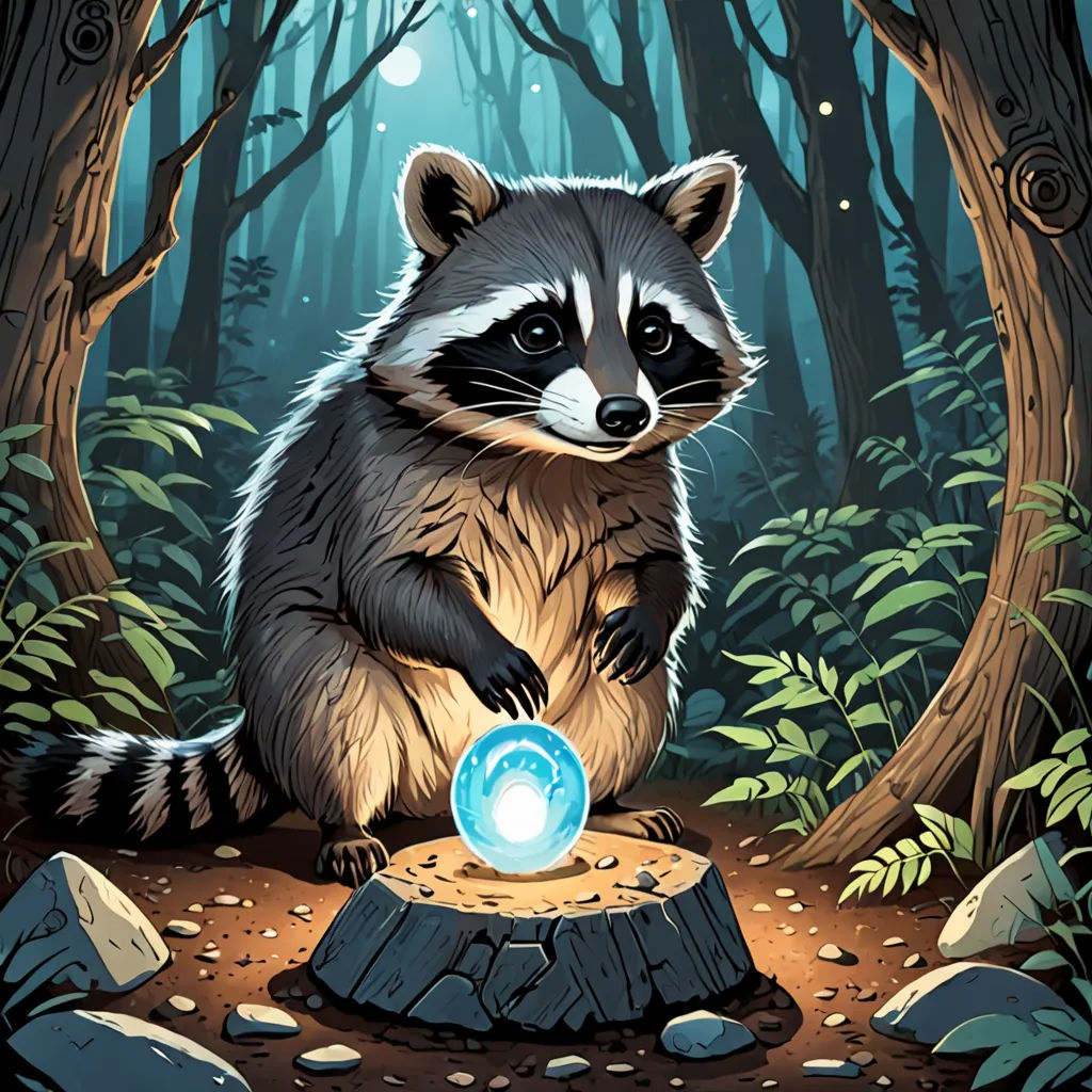 a raccoon is standing on a stump in the woods with a glowing orb in its paws and a glowing orb in its paws, rayonism, a character portrait, Dan Mumford, josan gonzales and dan mumford