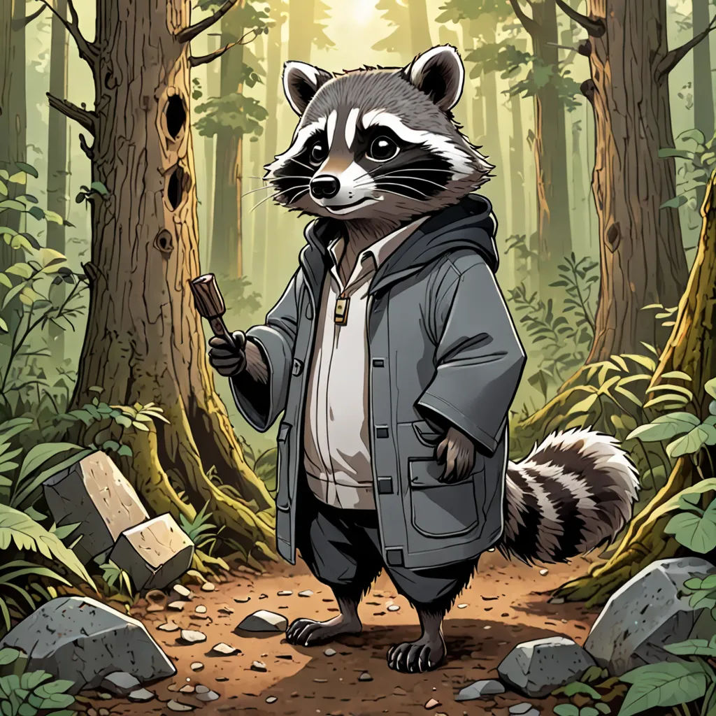 a raccoon in a jacket standing in a forest with rocks and trees in the background and a rock pile in the foreground, rayonism, a character portrait, Dan Mumford, official art