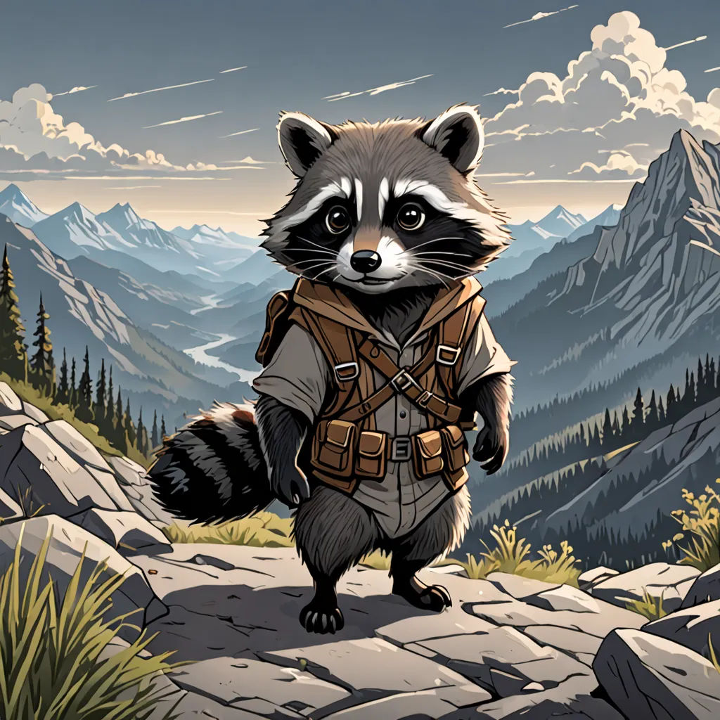 a raccoon with a backpack on a rocky mountain trail with mountains in the background and clouds in the sky, furry art, a character portrait, Dan Mumford, official art