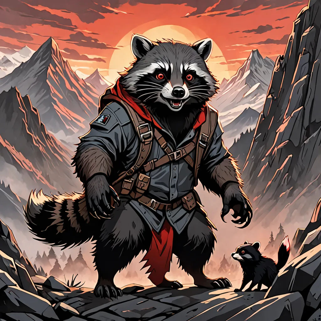 a raccoon with a backpack on a rocky mountain top with a wolf nearby at sunset or dawn, furry art, a comic book panel, Dan Mumford, official art