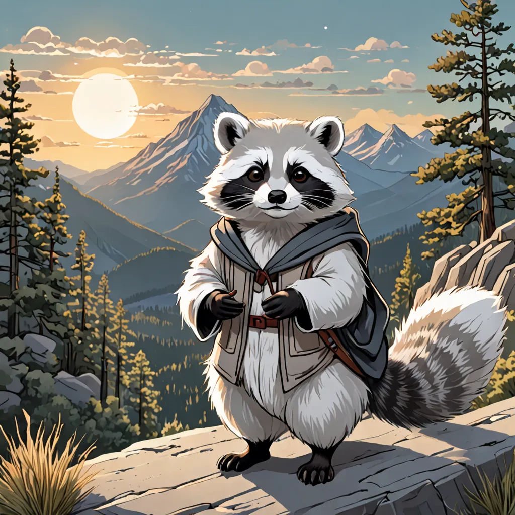 a raccoon with a backpack on a rock in the mountains at sunset with the sun in the background, furry art, a character portrait, Chris LaBrooy, official art