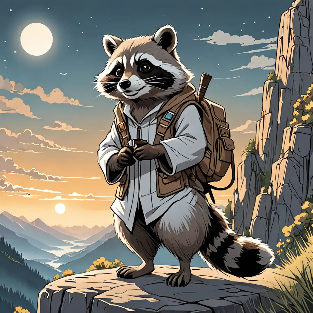 a raccoon with a backpack standing on a cliff at night with the moon in the background and a mountain landscape, rayonism, a character portrait, Dan Mumford, official art
