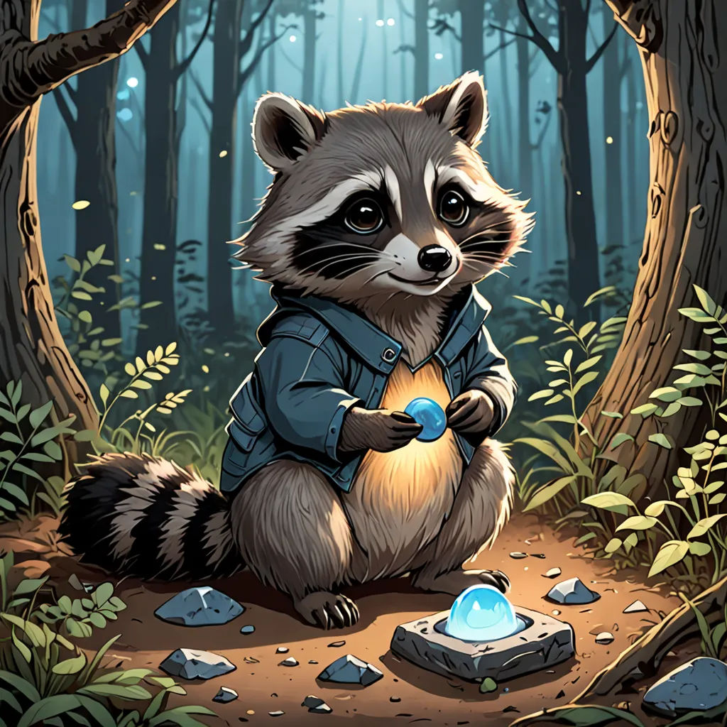 a raccoon in a blue jacket sitting in a forest with a blue light on its chest and a blue light on its chest, furry art, a character portrait, Dan Mumford, official art