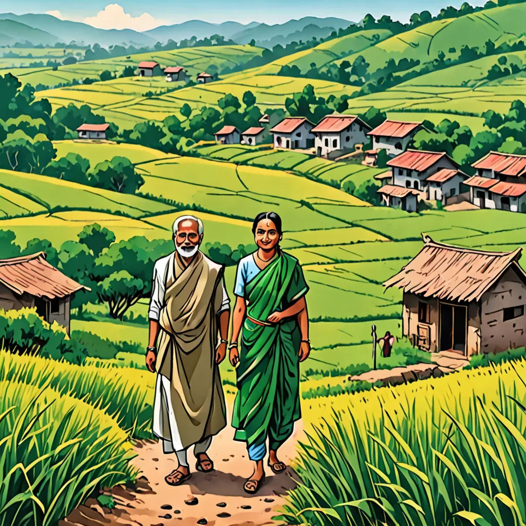 a painting of two men walking down a path in a rural area with houses in the background and a green field, Bapu, samikshavad, a storybook illustration, graphic novel