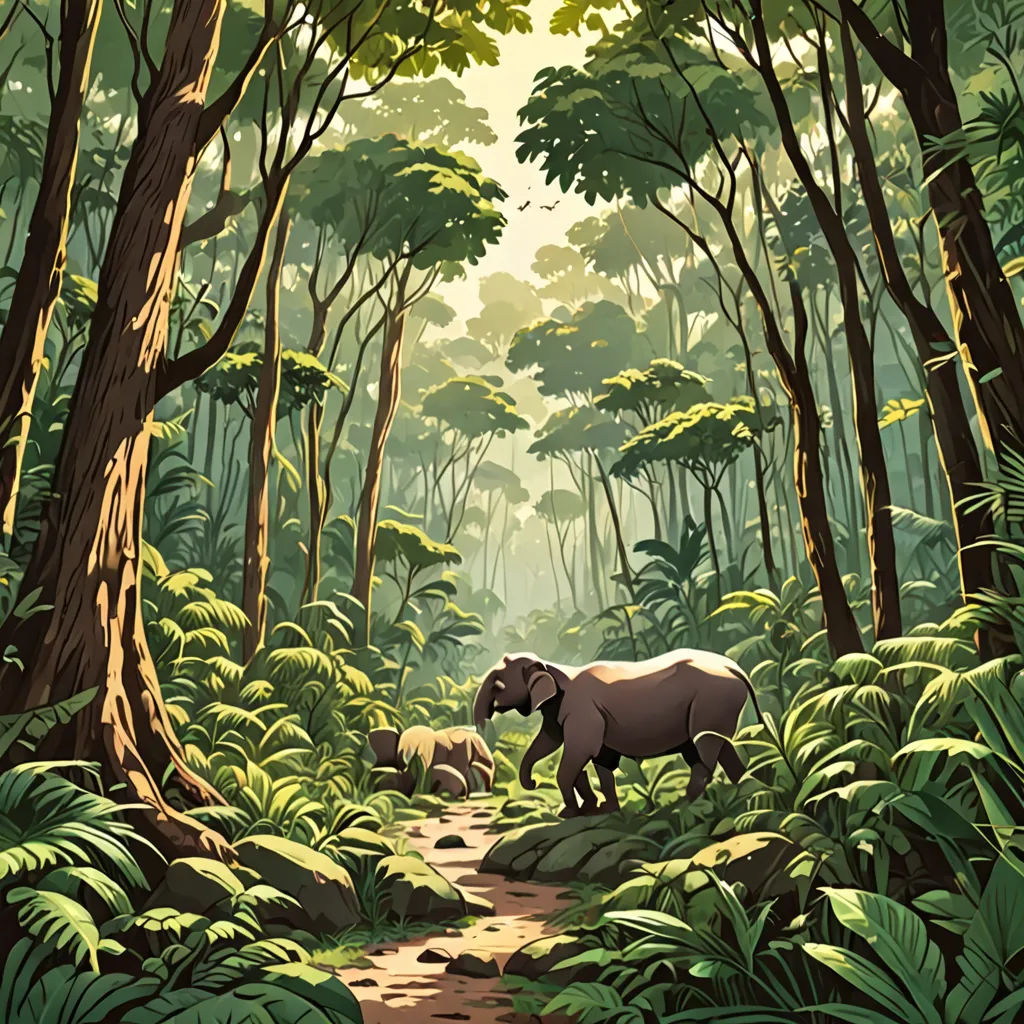 a painting of a rhino and a baby in a jungle setting with trees and plants around it, and a path leading to the elephant, Chris LaBrooy, sumatraism, a storybook illustration, jungle