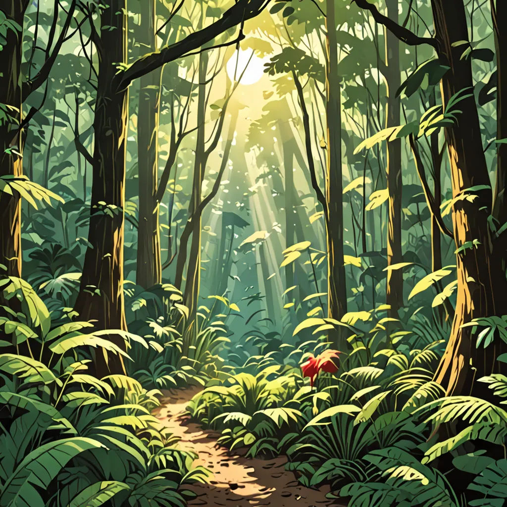 a painting of a forest with a path through the trees and a red umbrella in the middle of the forest, Dan Mumford, environmental art, a detailed matte painting, forest