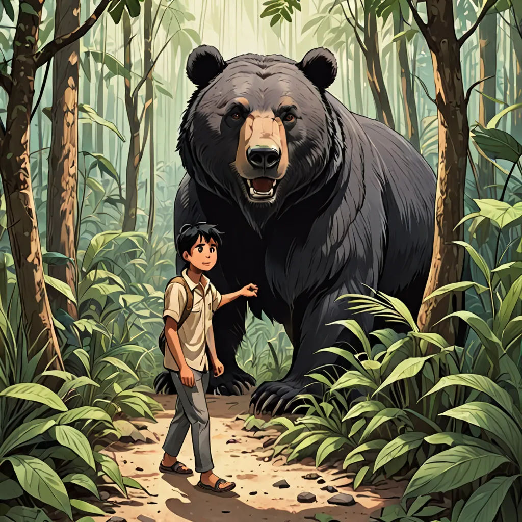 a boy standing in front of a large bear in a forest with a man pointing at it's back, Aaron Jasinski, magical realism, a storybook illustration, official art