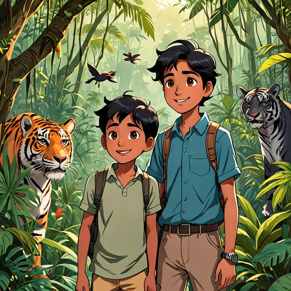 a boy and a boy standing in front of a tiger in the jungle with other animals behind them and a tiger in the background, Diego Gisbert Llorens, samikshavad, a comic book panel, comic cover art