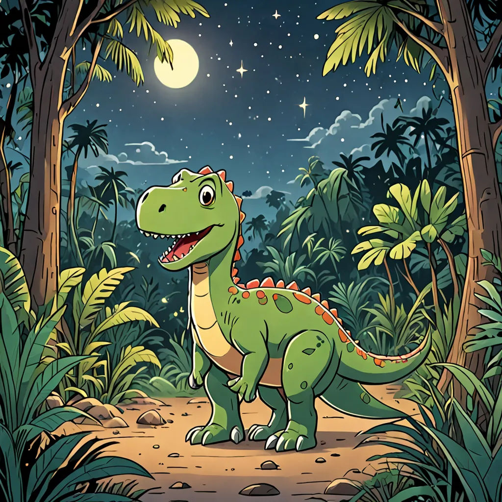 a dinosaur in the jungle with a full moon in the background and stars in the sky above it,, Adam Rex, lyco art, a storybook illustration, storybook illustration