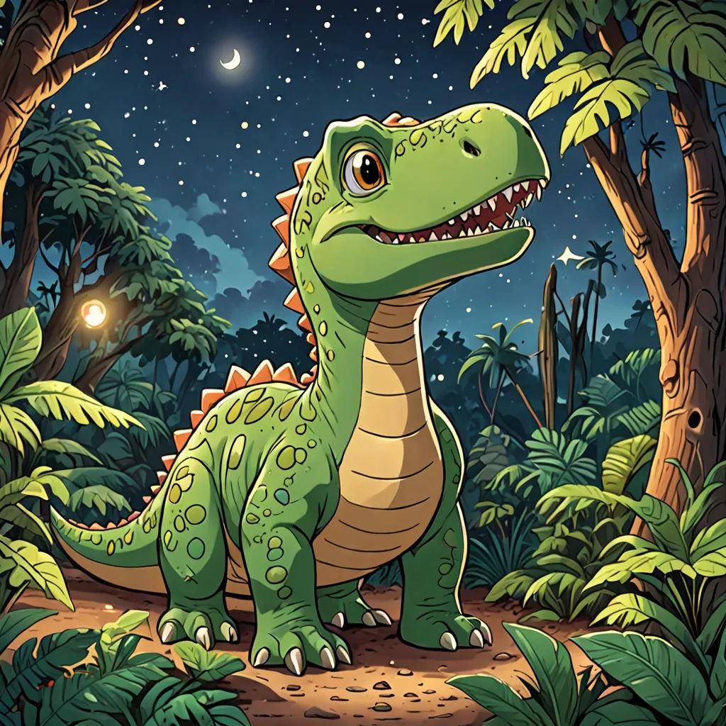 a cartoon dinosaur in the jungle with a full moon in the background and stars in the sky above it, Adam Rex, lyco art, a storybook illustration, rossdraws global illumination