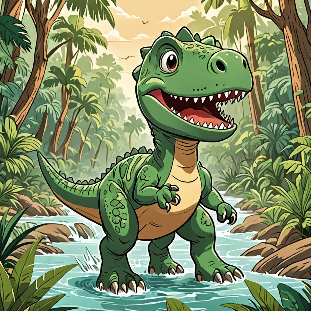 a cartoon dinosaur in a jungle with a river and trees in the background, with a sunlit sky, Adam Rex, lyco art, a storybook illustration, rossdraws global illumination