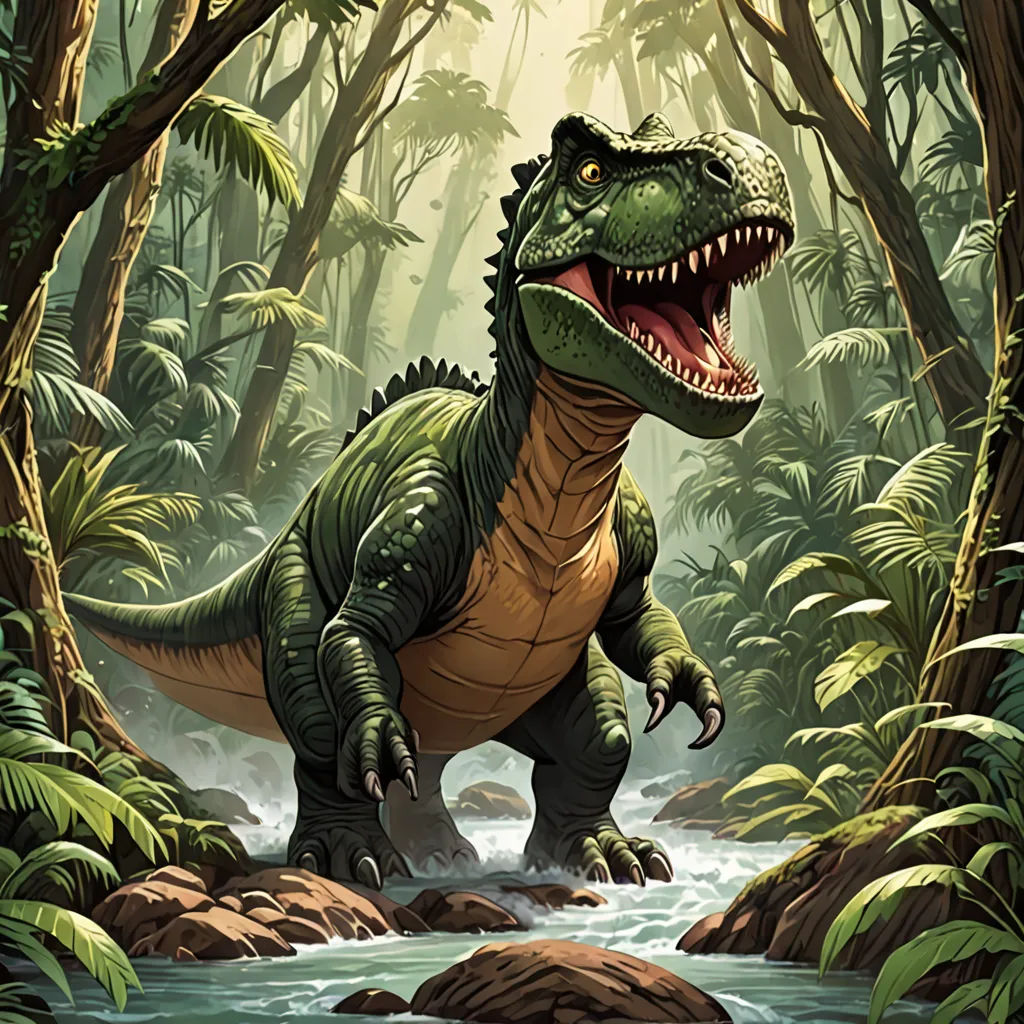 a dinosaur in a jungle with a stream of water and trees in the background, with a sunbeam, Adam Rex, altermodern, concept art, magic the gathering artwork