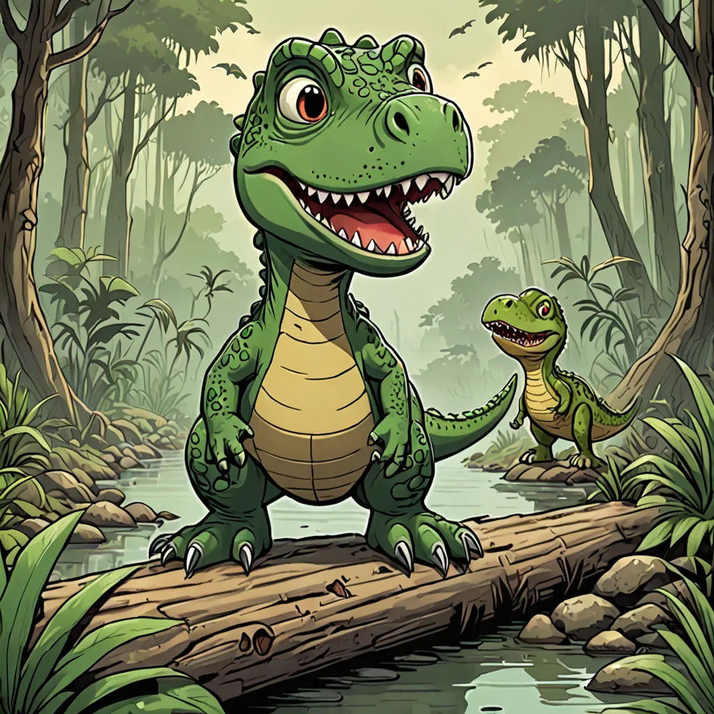 a cartoon dinosaur and a frog on a log in a forest with a stream of water and trees in the background, Adam Rex, lyco art, a storybook illustration, storybook illustration