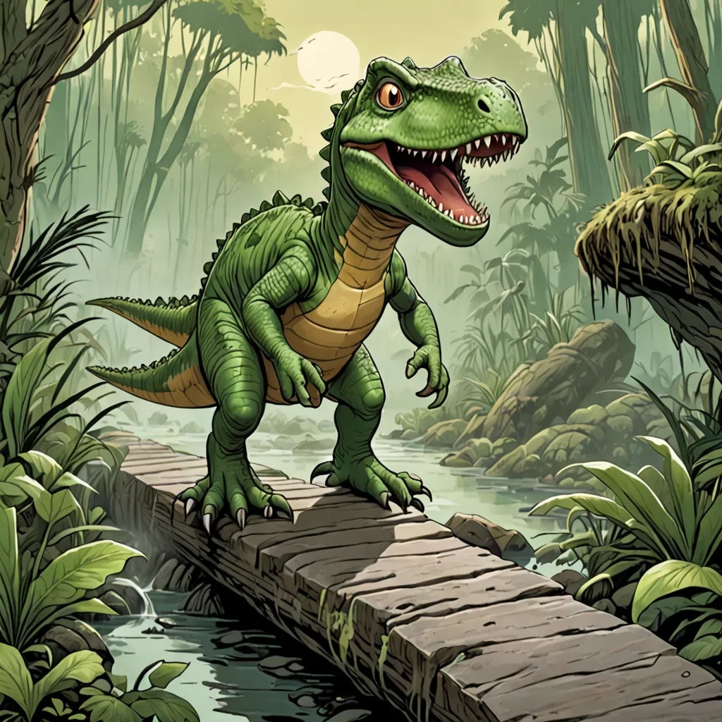 a dinosaur crossing a bridge in a jungle with a full moon in the background and a stream running through the jungle, Adam Rex, altermodern, a storybook illustration, magic the gathering artwork