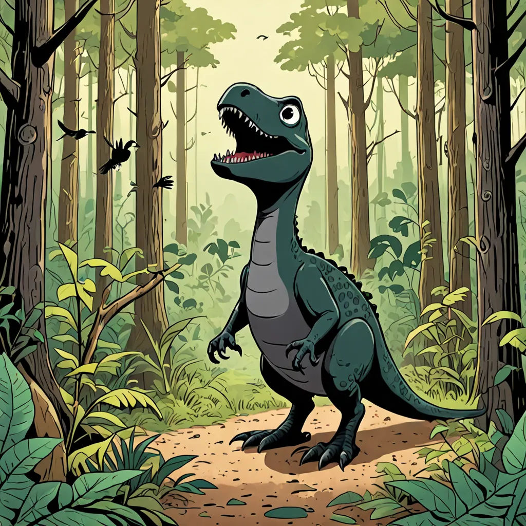 a dinosaur in the middle of a forest with trees and plants around it, with a large mouth and sharp teeth, Adam Rex, lyco art, a storybook illustration, storybook illustration