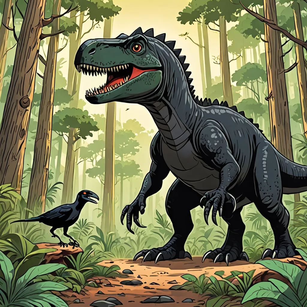 a dinosaur and a bird in a forest with trees and plants on the ground and a yellow sky background, Adam Rex, primitivism, a storybook illustration, laurie greasley