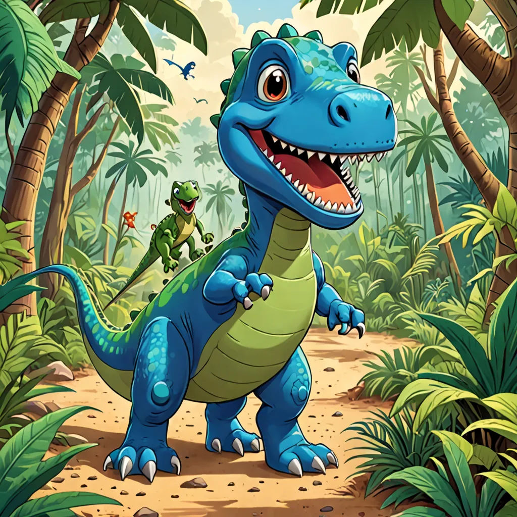 a cartoon dinosaur with a green t - shirt and a green t - shirt on in the jungle with a green frog, Adam Rex, lyco art, a storybook illustration, storybook illustration