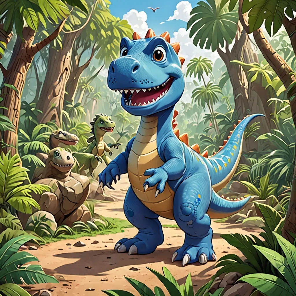 a cartoon dinosaur in the jungle with other dinosaurs in the background and a man in the foreground with a camera, Adam Rex, sots art, concept art, official art