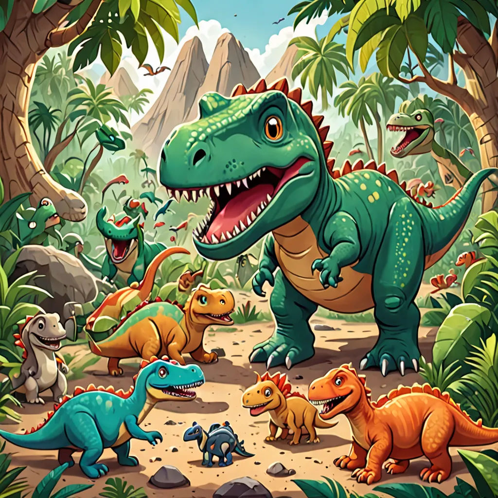 a group of dinosaurs in a jungle with trees and rocks in the background, with a mountain in the background, Adam Rex, lyco art, a storybook illustration, rossdraws global illumination