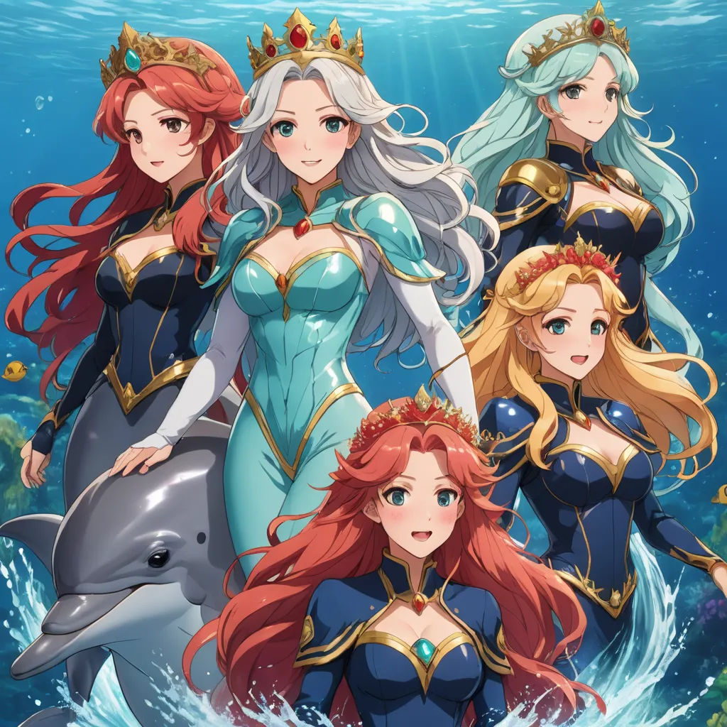 a group of women in blue and gold outfits standing in the ocean with dolphins and dolphins behind them,, sots art, concept art, Anne Said, official art