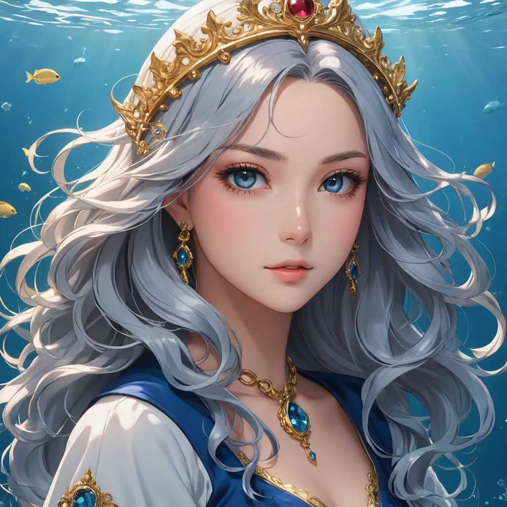 a woman with long gray hair wearing a tiara and a blue dress under water with gold jewelry and a fish, fantasy art, a detailed painting, Charlie Bowater, highly detailed digital painting