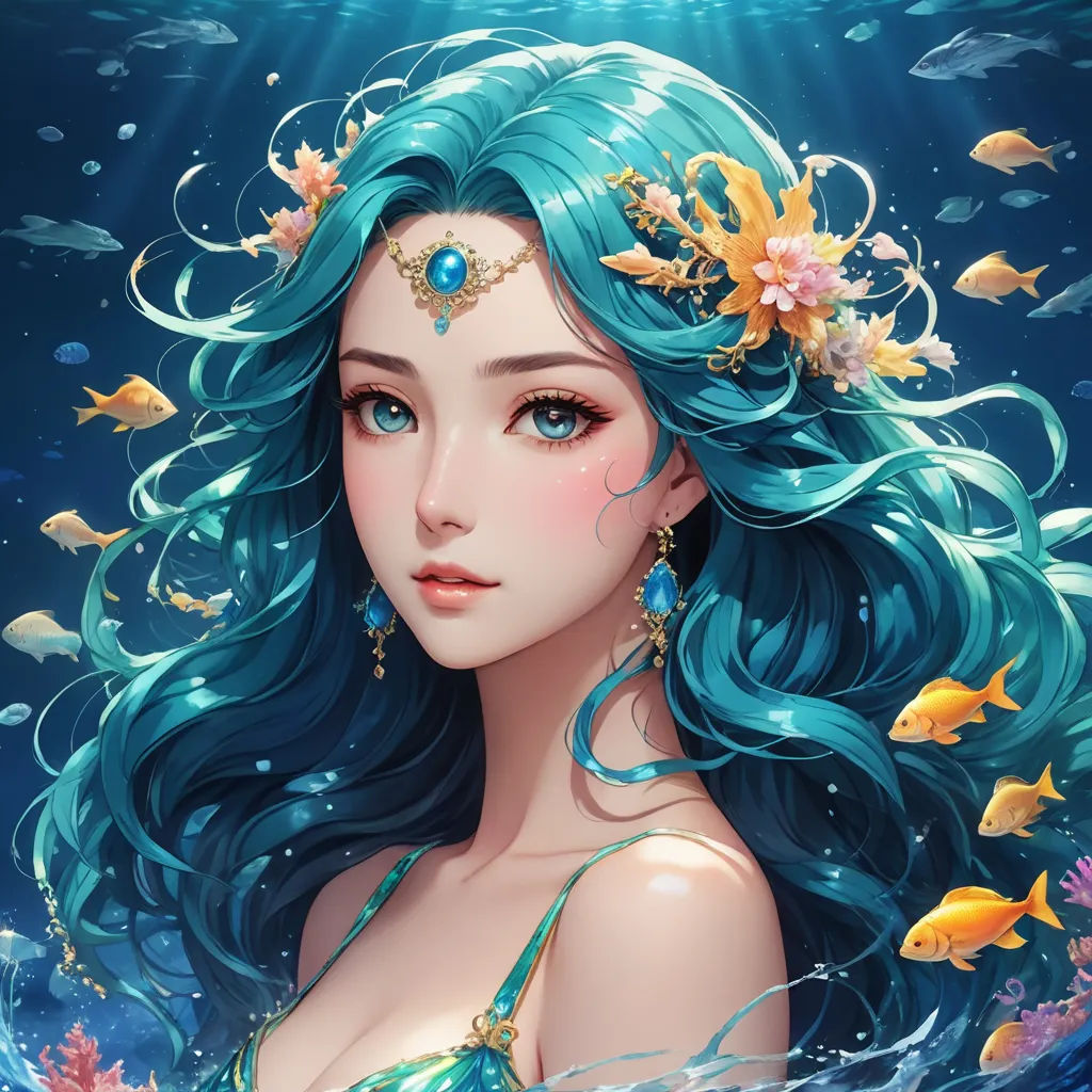 a beautiful woman with blue hair and a flower in her hair, under the water with fish and bubbles, fantasy art, a detailed painting, Artgerm, ocean