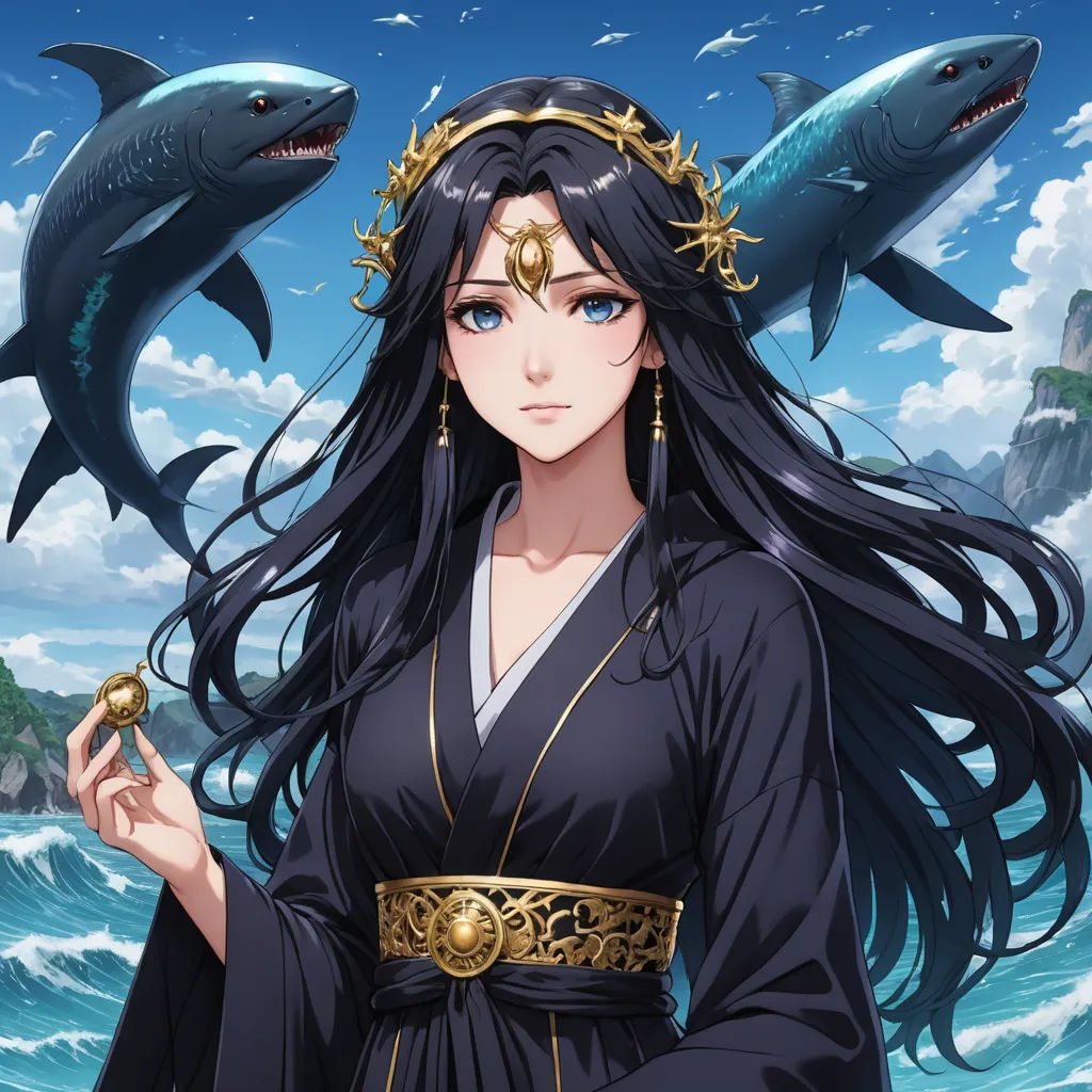 a woman in a black dress standing in front of a shark and a shark - like creature in the background, sots art, a character portrait, Aramenta Dianthe Vail, official art