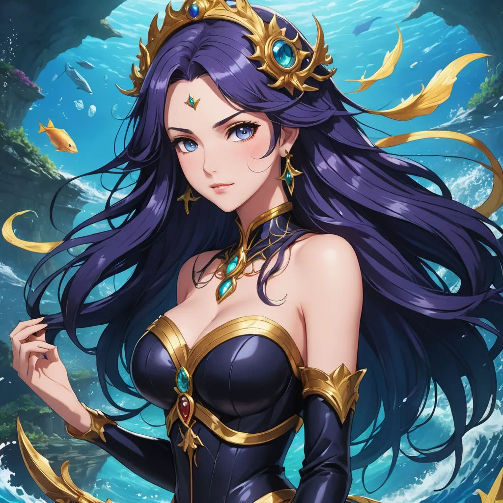 a woman in a blue dress with long hair and a crown on her head, standing in front of a blue ocean, fantasy art, a detailed painting, Artgerm, ocean