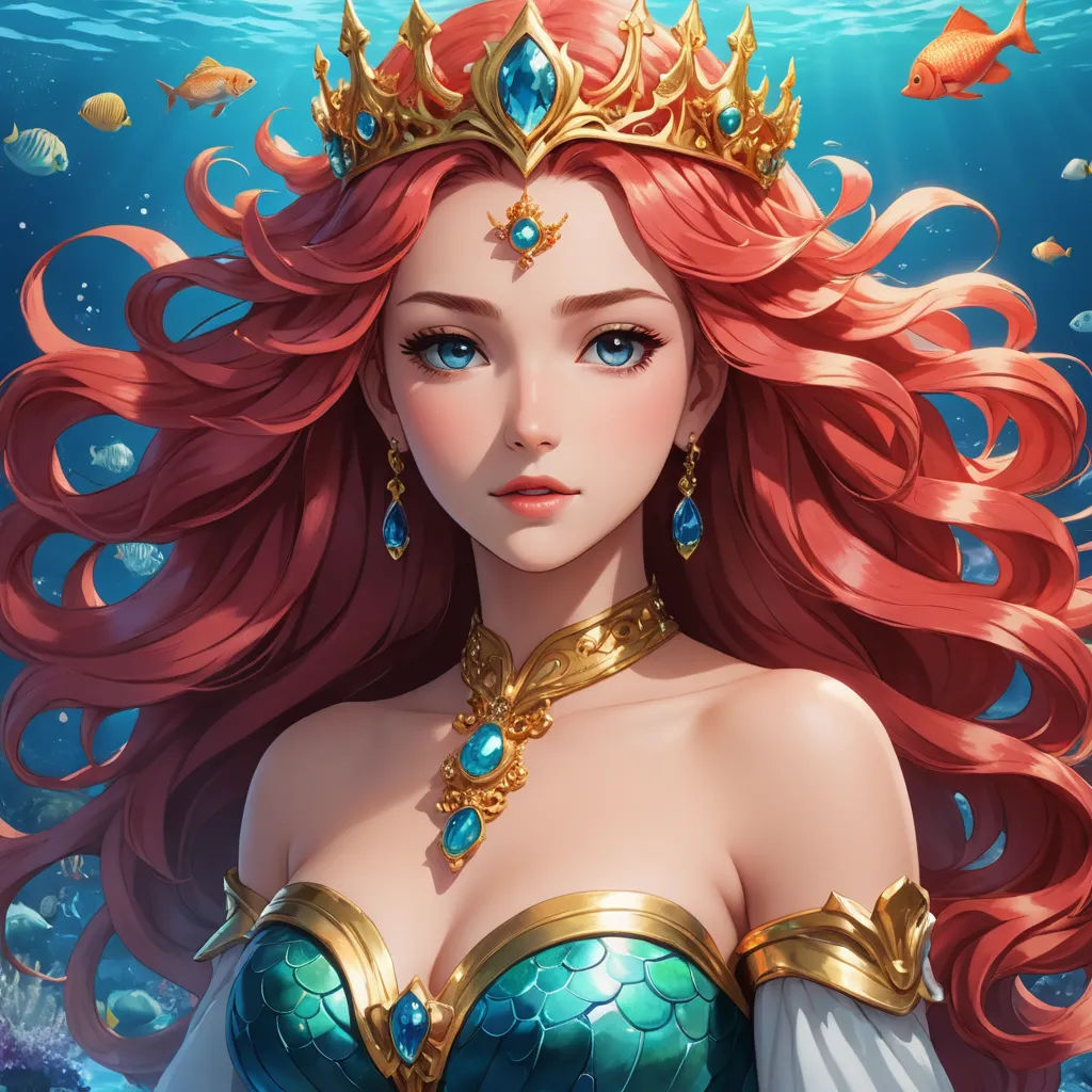 a beautiful redhead haired woman in a blue dress under the water with fish around her neck and a gold crown on her head, fantasy art, a detailed painting, Artgerm, rossdraws global illumination