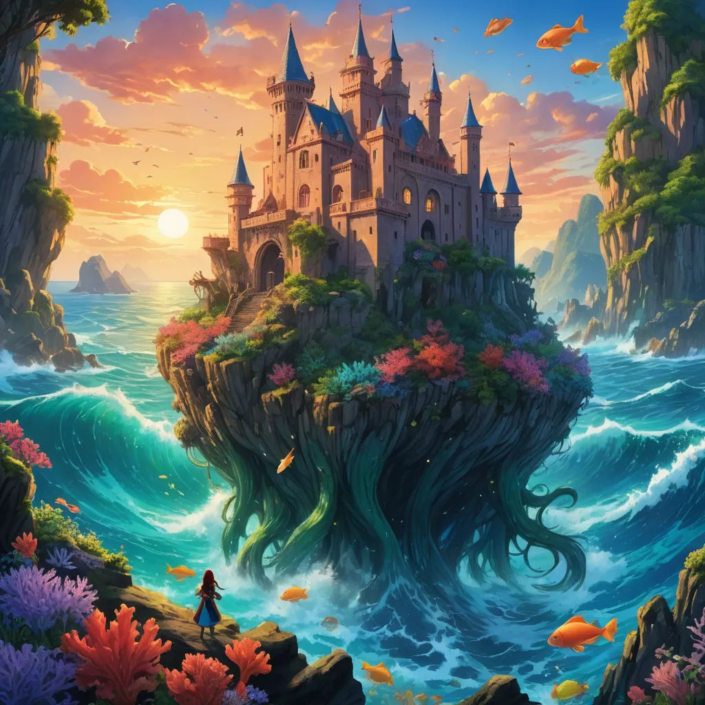 a castle on a island surrounded by water and fish in the ocean with a person standing on the cliff, fantasy art, a detailed matte painting, Chris LaBrooy, fantasy artwork