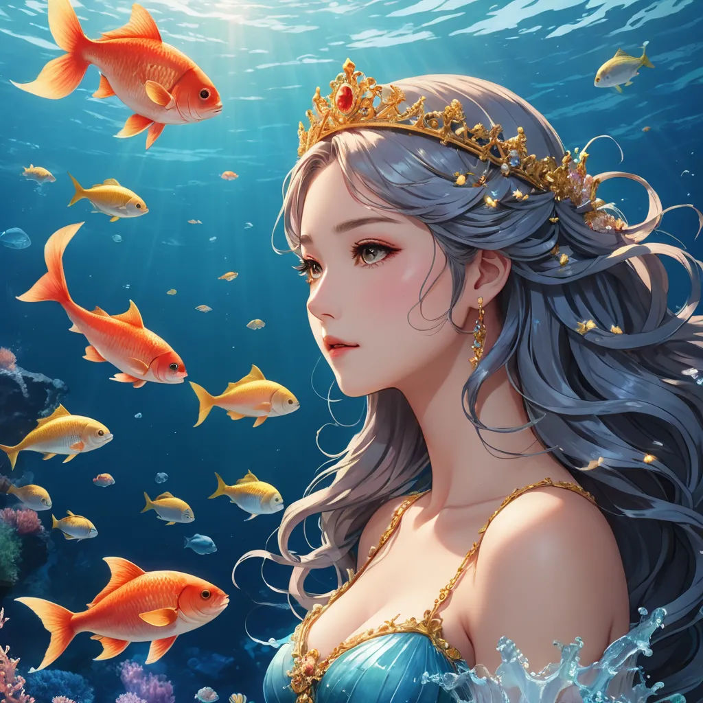 a beautiful woman in a blue dress under water with gold fish around her neck and a crown on her head, fantasy art, a detailed painting, Chen Lin, fantasy artwork
