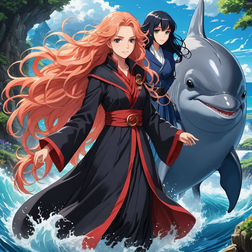 a woman in a long dress standing next to a dolphin in a river with a man in a long coat, rayonism, a character portrait, Anne Said, official art