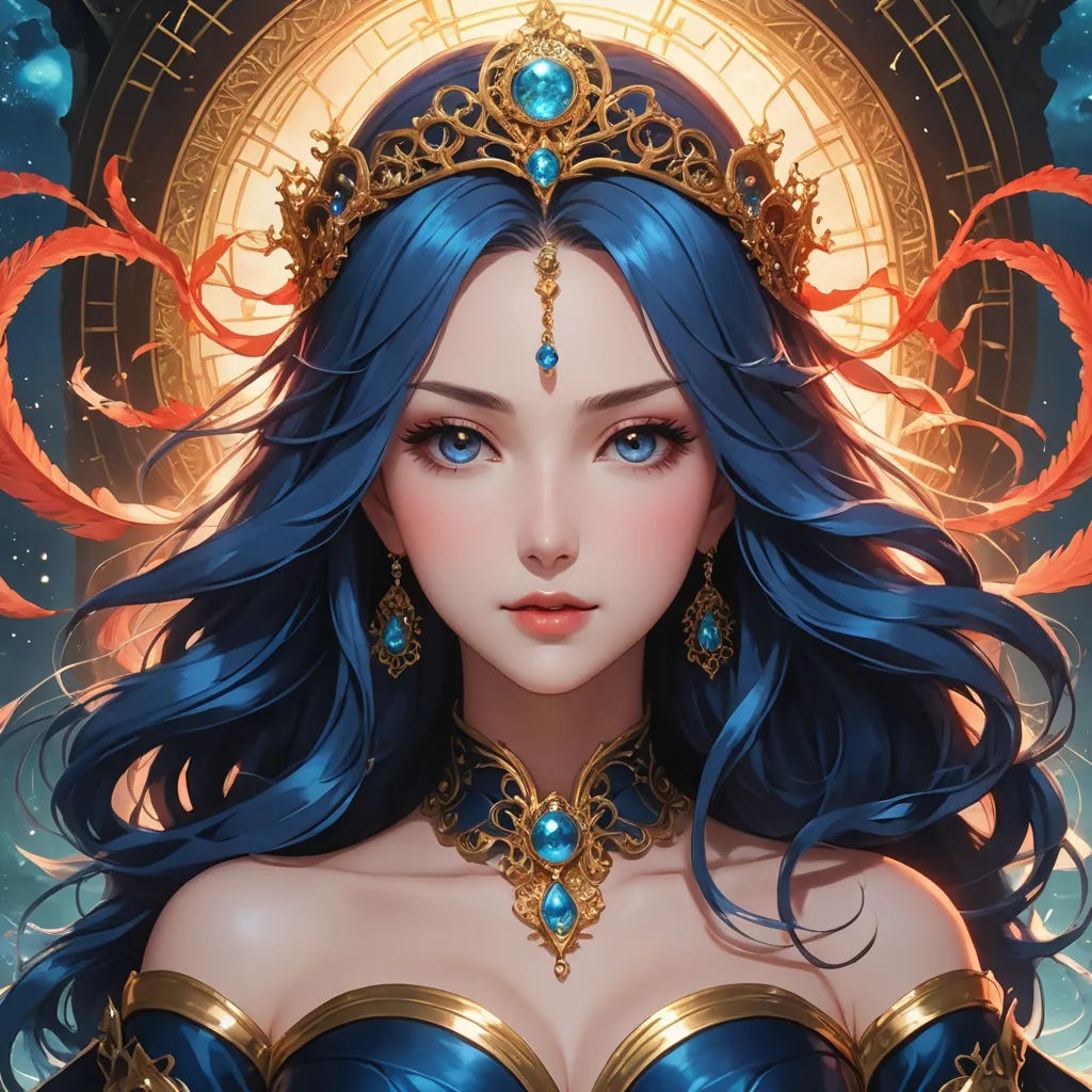 a woman with blue hair and a crown on her head, wearing a blue dress and gold jewelry, with a golden halo around her neck, fantasy art, a detailed painting, Artgerm, rossdraws global illumination