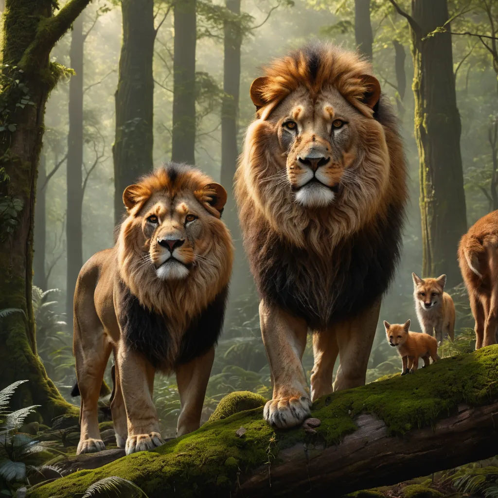 a group of lions walking through a forest filled with trees and mossy ground covered in lichen and moss, furry art, a poster, Chris LaBrooy, imax 70 mm footage