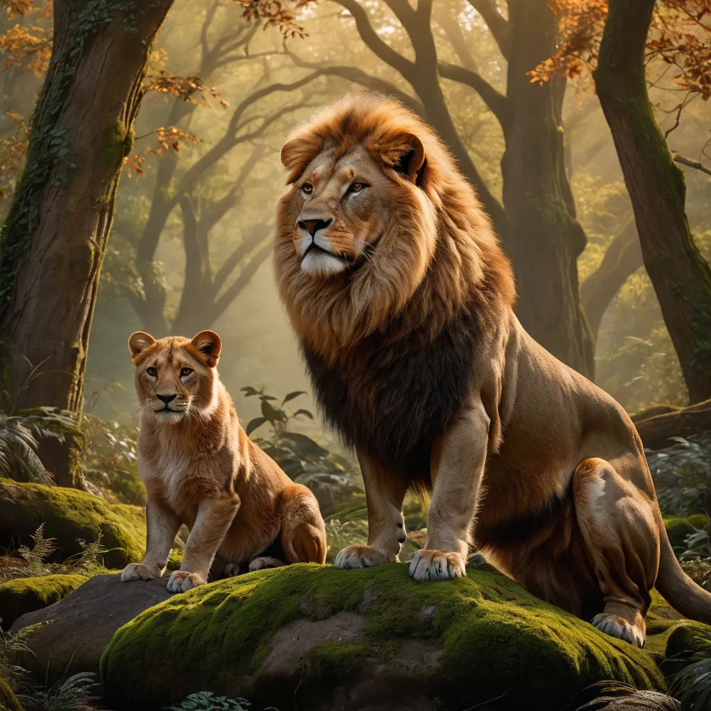 a lion and a lioness sitting on a rock in a forest with trees and mossy rocks and leaves, sots art, a matte painting, Anne Said, official art