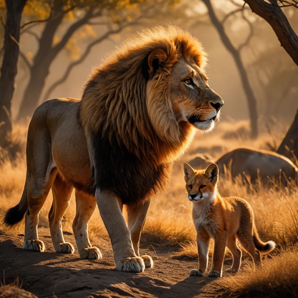 a lion and a cub stand in the grass near trees and grass in the background, while the sun shines through the trees, art photography, an oil painting, Brothers Hildebrandt, wildlife photography
