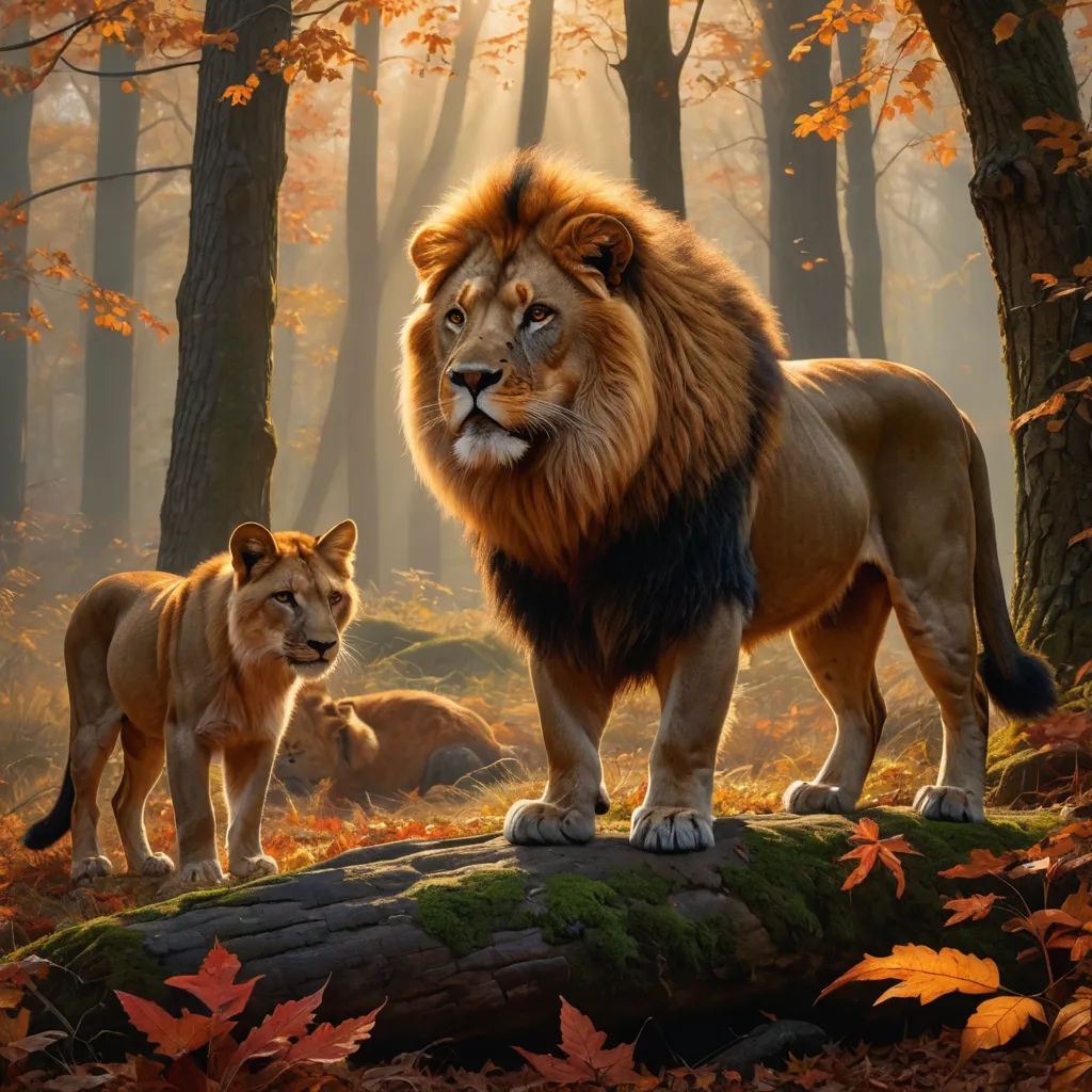 a lion and a lioness standing in a forest with leaves on the ground and trees in the background, sots art, an oil painting, Chris LaBrooy, official art
