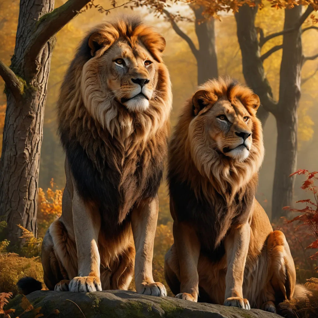 two lions sitting on a rock in a forest with trees in the background and a foggy sky above, naturalism, a digital painting, Brothers Hildebrandt, animal photography